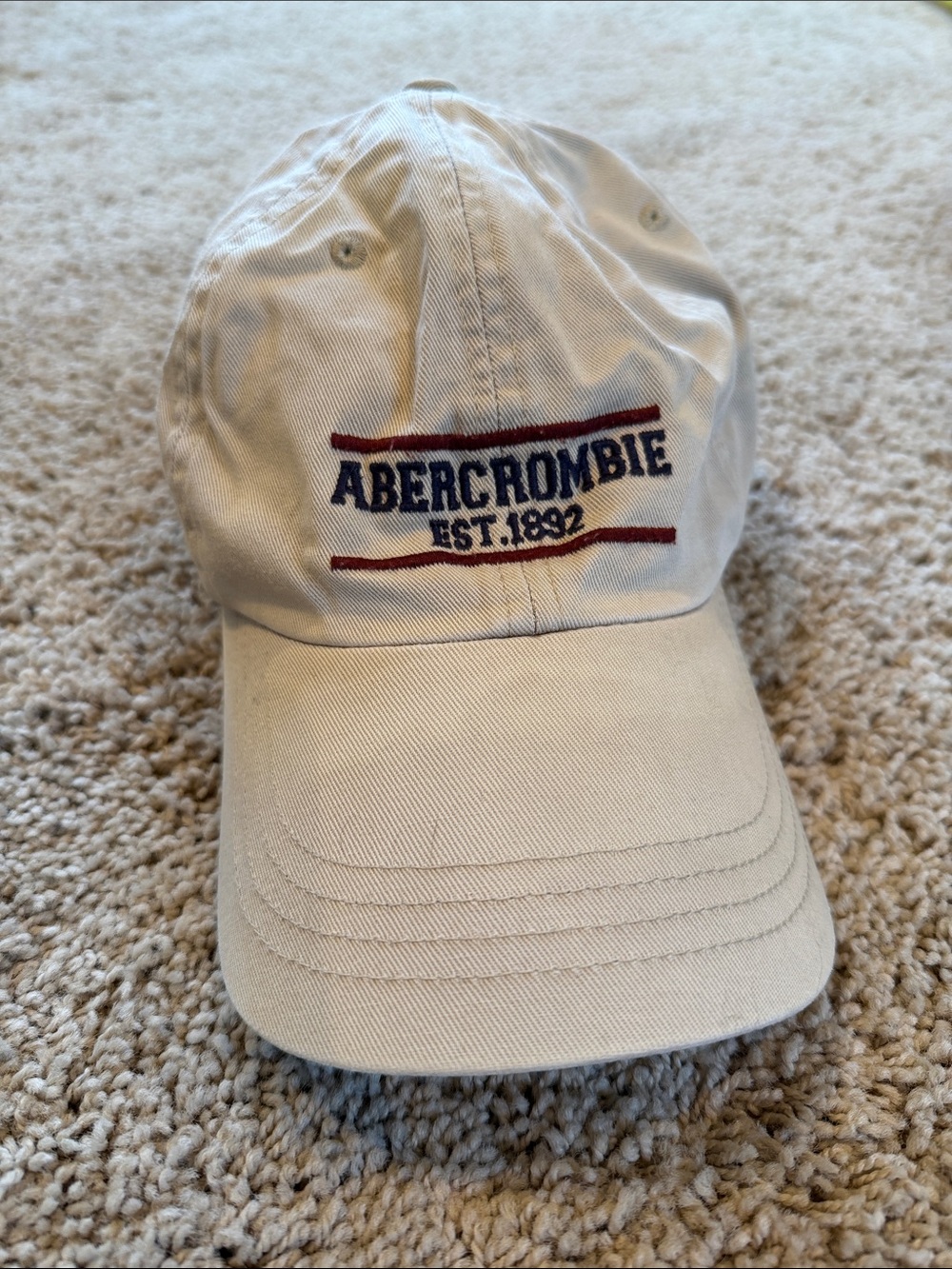 Vintage Abercrombie & Fitch Tan Baseball Cap with Navy and Red Embroidery